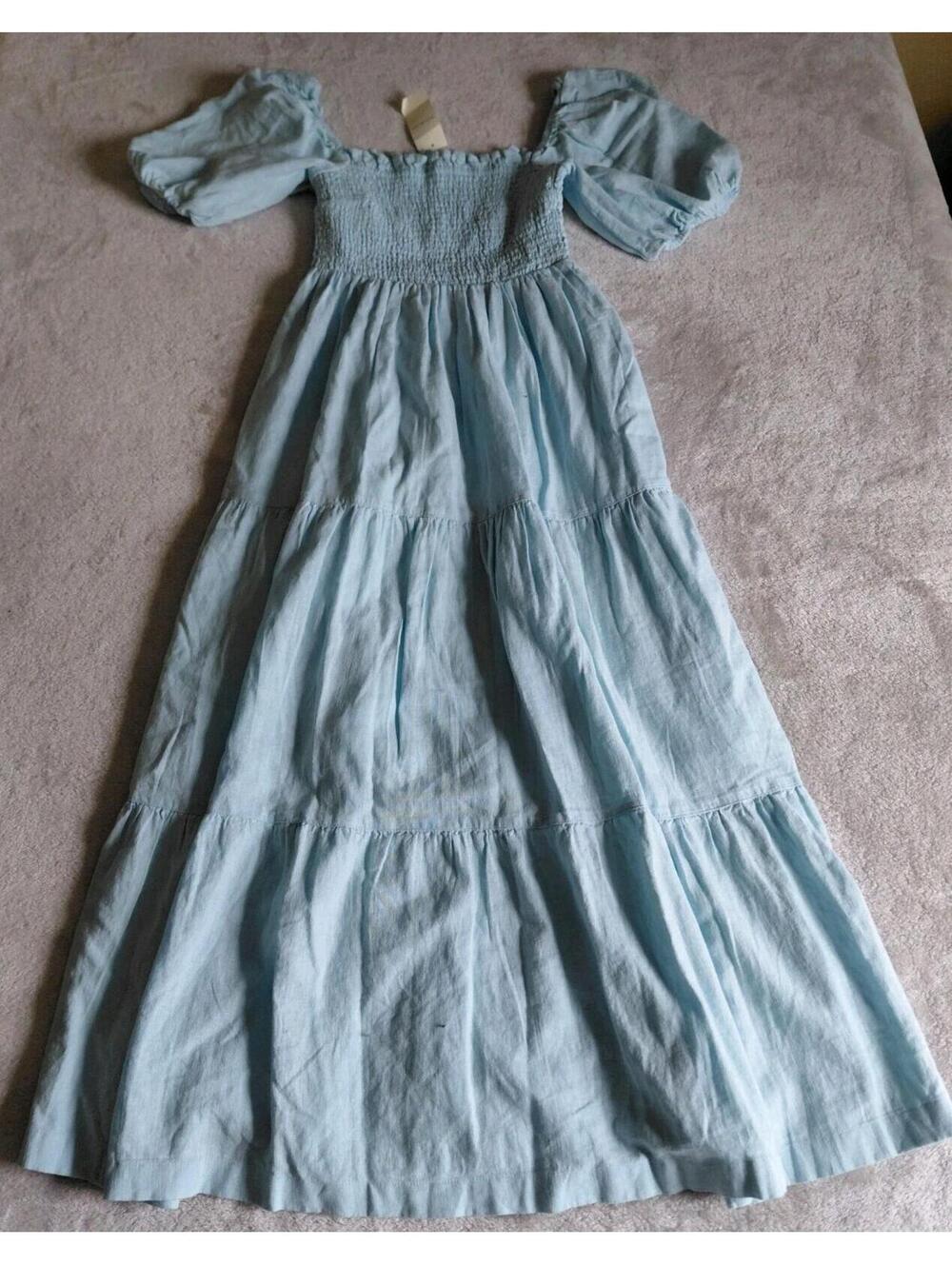 NWT Abercrombie Fitch Puff Sleeve Dress Medium Tall Linen Blend Blue Cottagecore